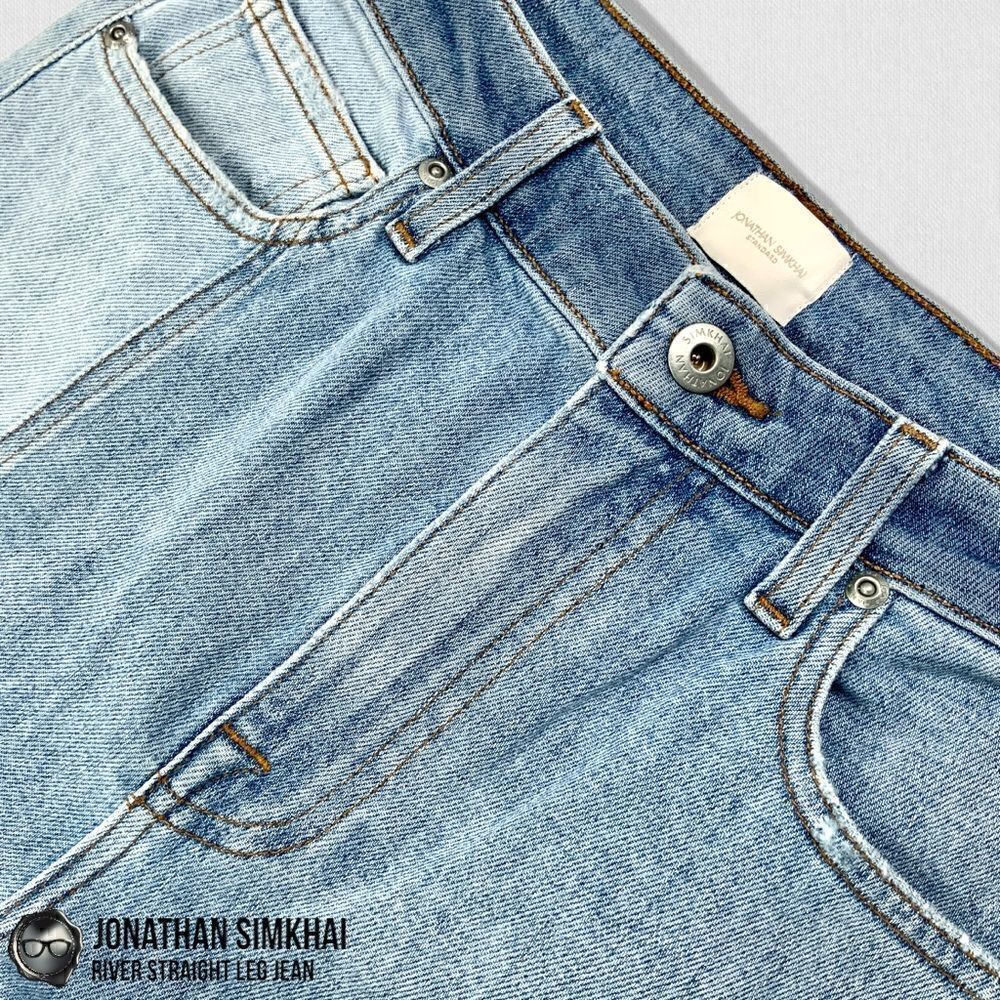 JONATHAN SIMKHAI RIVER STRAIGHT LEG DISTRESSED PATCHWORK JEANS IN INDIGO BLUE 27 - Picture 9 of 16